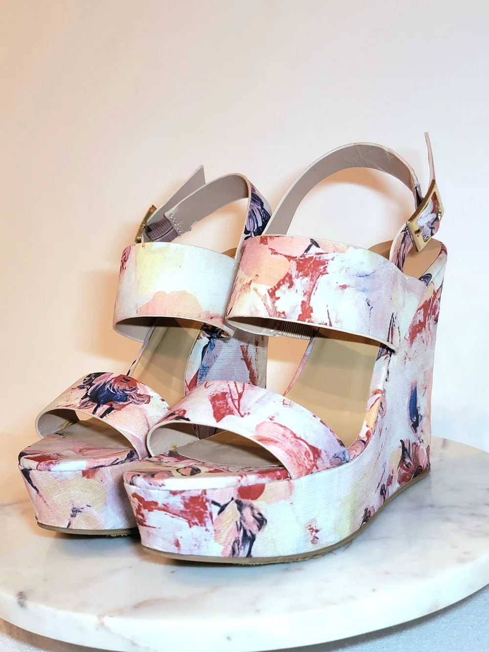 BAMBOO Peach Pastel Nude Pink Floral Blush Mauve Platform Wedge Slingback Heels